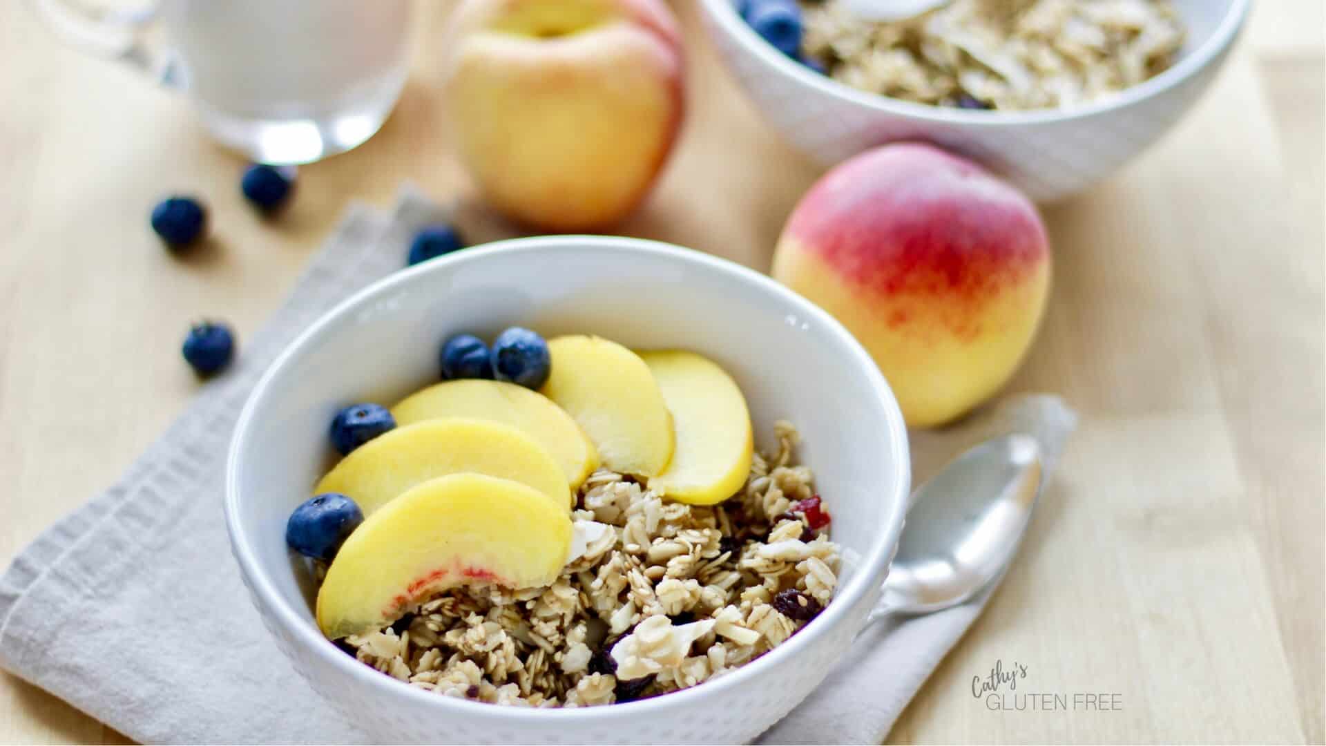 Gluten Free Granola with Sliced Peaches and Blueberries CathysGlutenFree.com