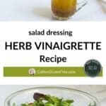 small glass pitcher of herb vinaigrette and lettuce salad.
