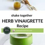 herb vinaigrette in clear glass pitcher and in shaker jar.