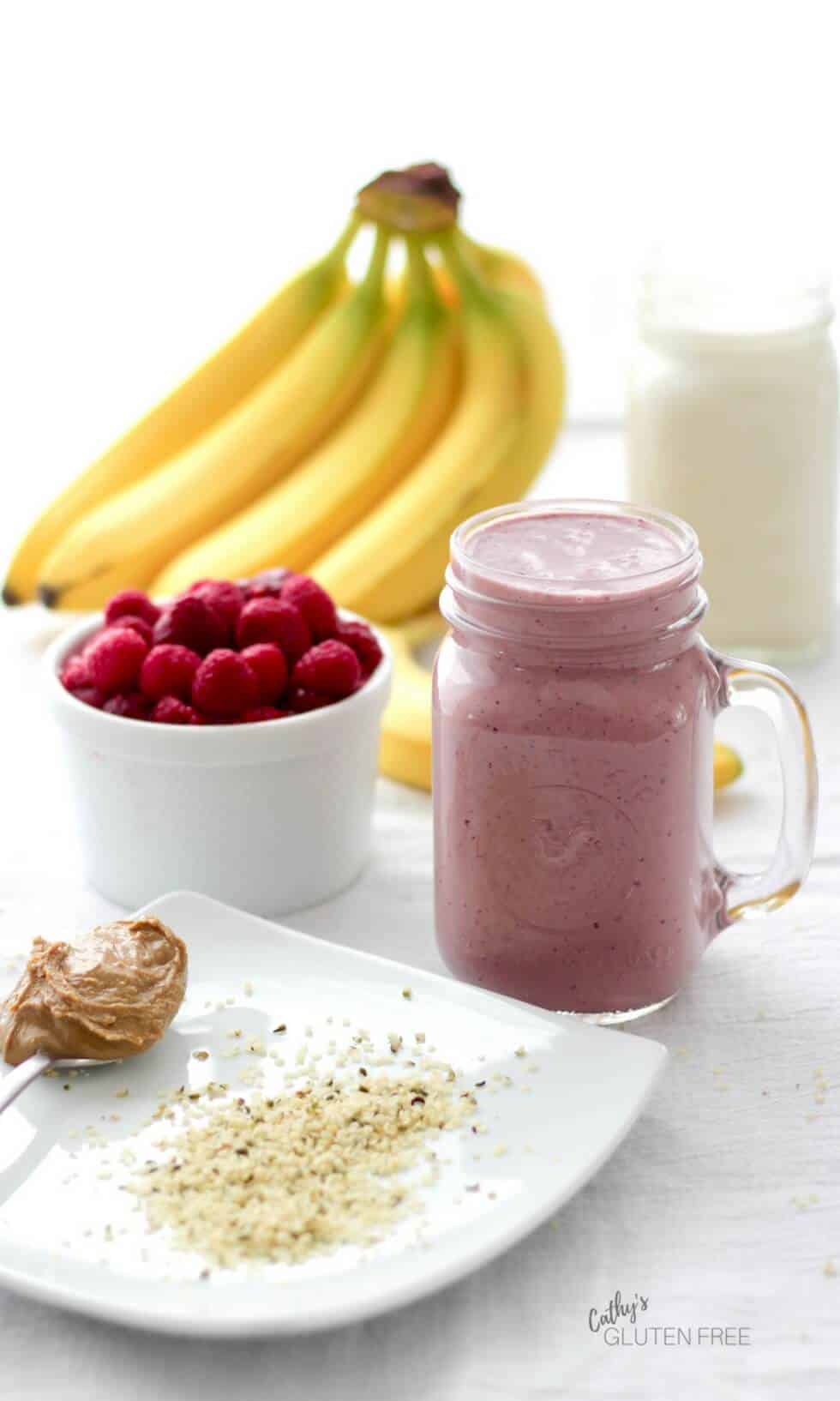 Cherry Berry Smoothie includes the goodness of banana, sunflower seed butter, and hemp.