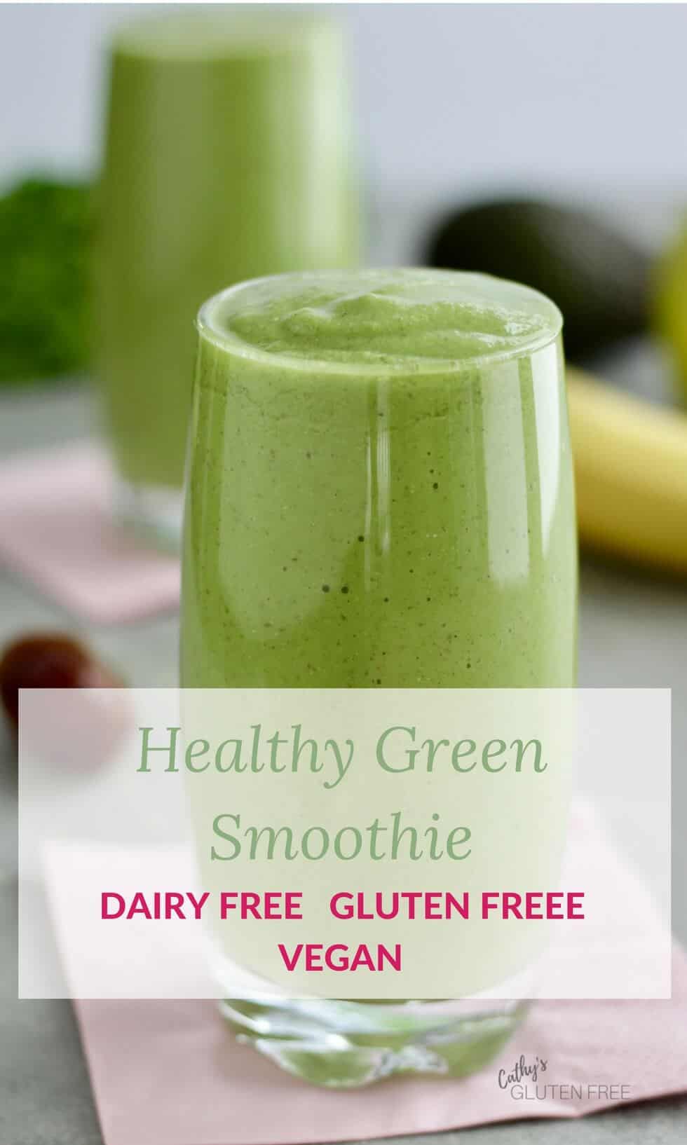 Delicious Healthy Green Smoothie with banana, avocado, apple, and hemp seeds