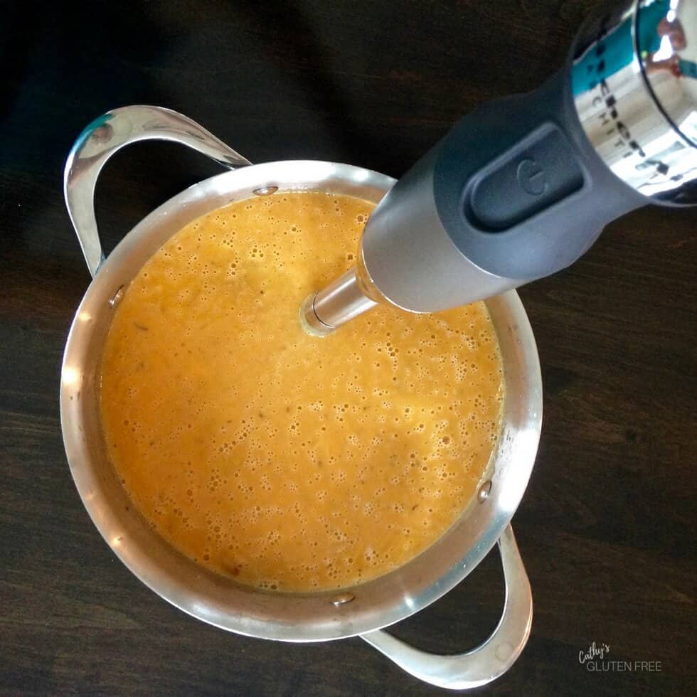 Roasted sweet potatoes blend smooth with an immersion blender.