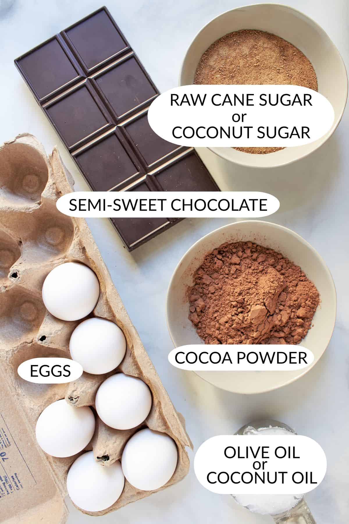 Rich, dairy-free, semi-sweet chocolate, eggs, cocoa powder, and coconut or olive oil, and sugar for flourless chocolate cake.
