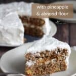 wedge of frosted layer carrot cake on plate with fork and remaining cake on plate in background, title text