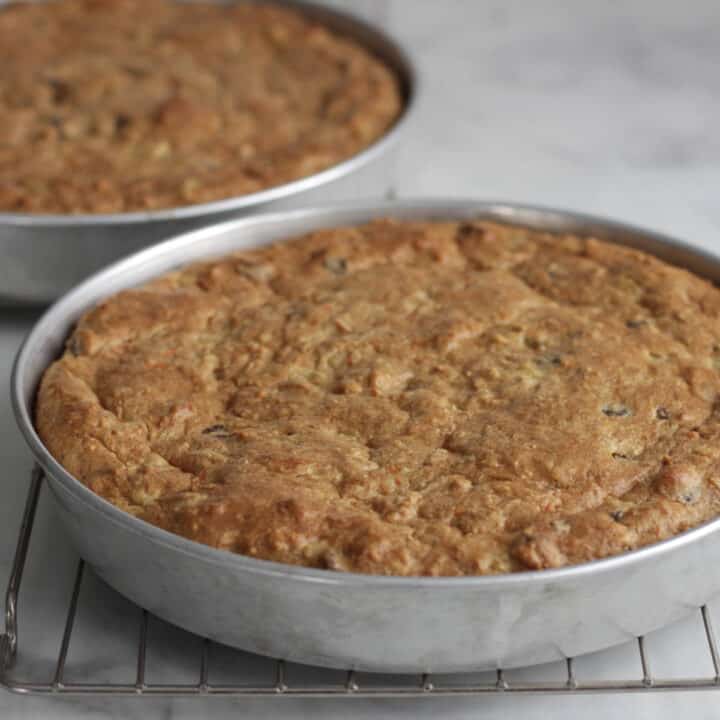 golden baked layer cakes in pans