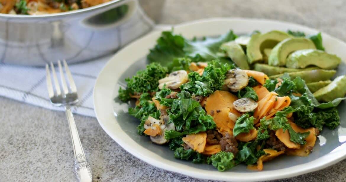 Ground Beef Skillet with Sweet Potato and Kale | Paleo