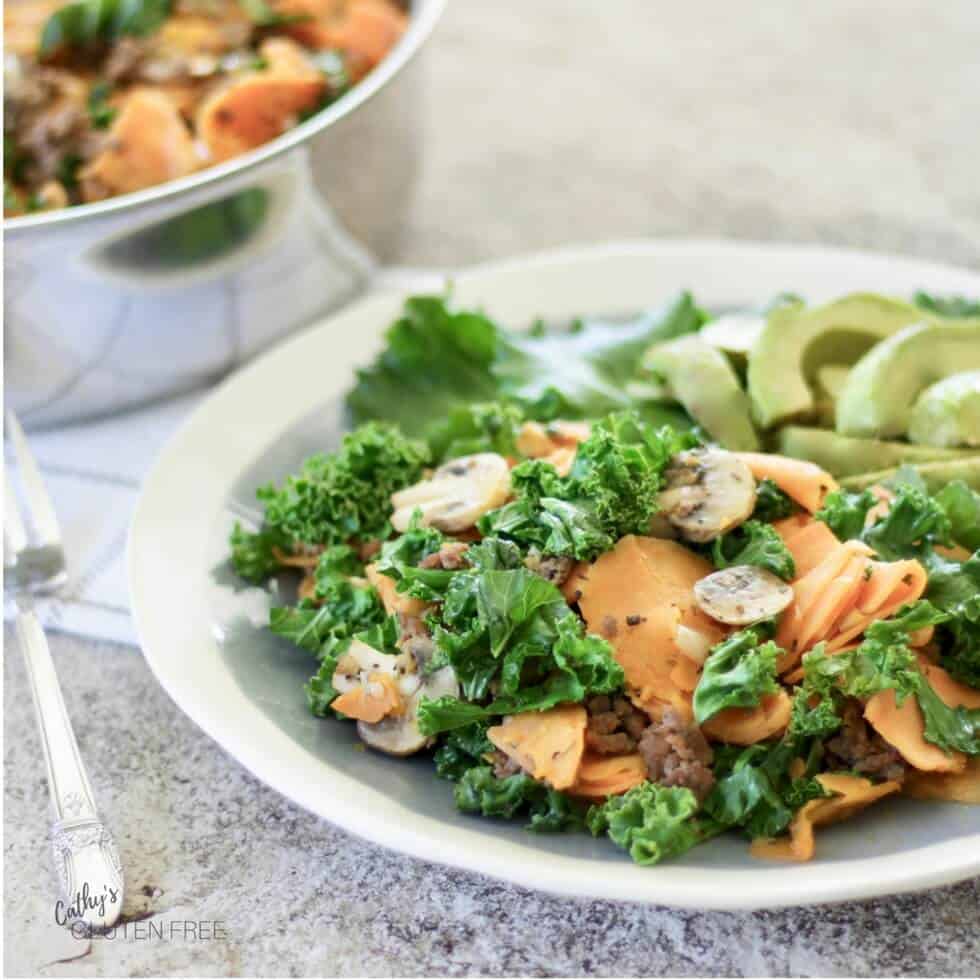 One Pot Ground Beef Skillet with Sweet Potatoes and Kale