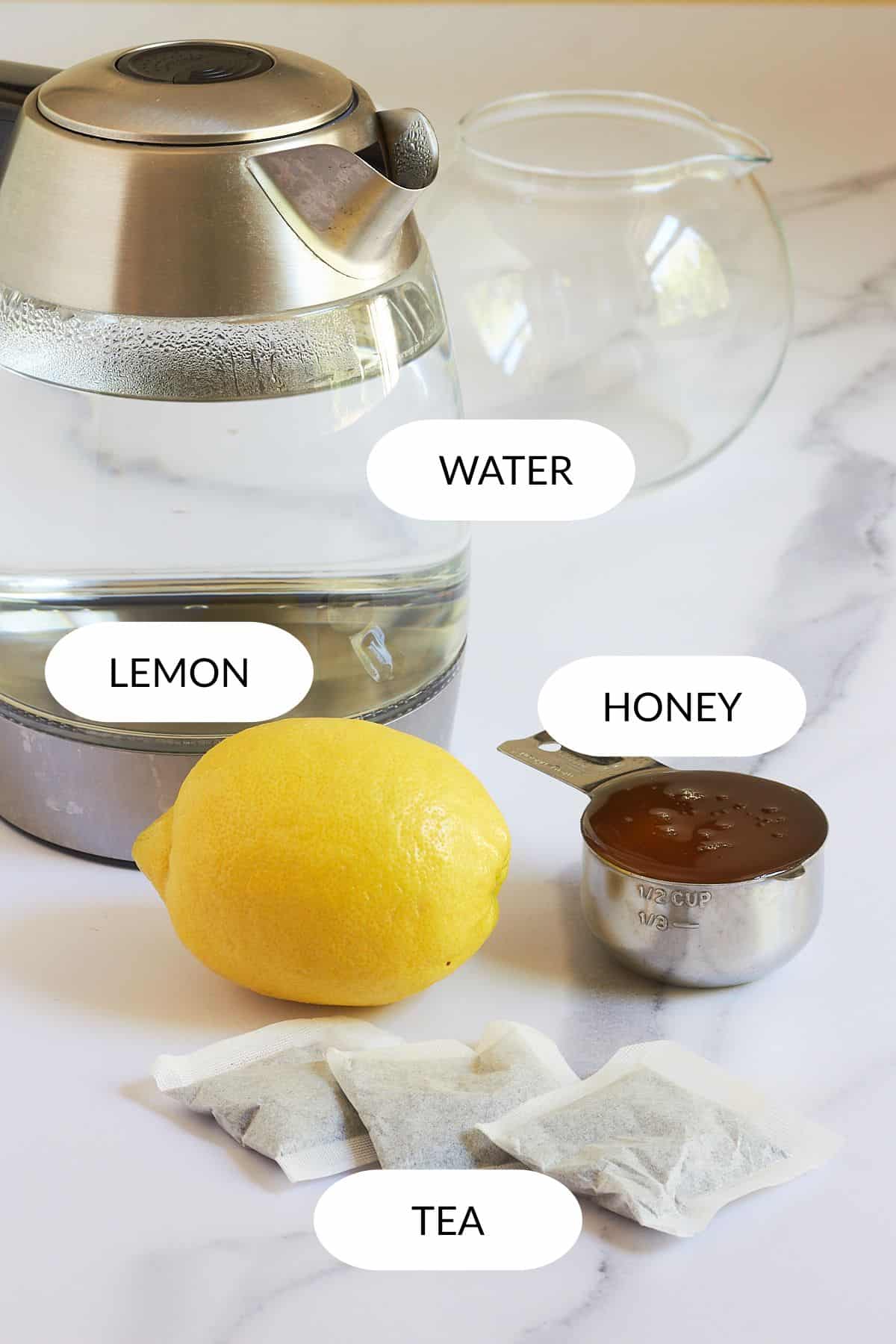 iced tea ingredients with labels.