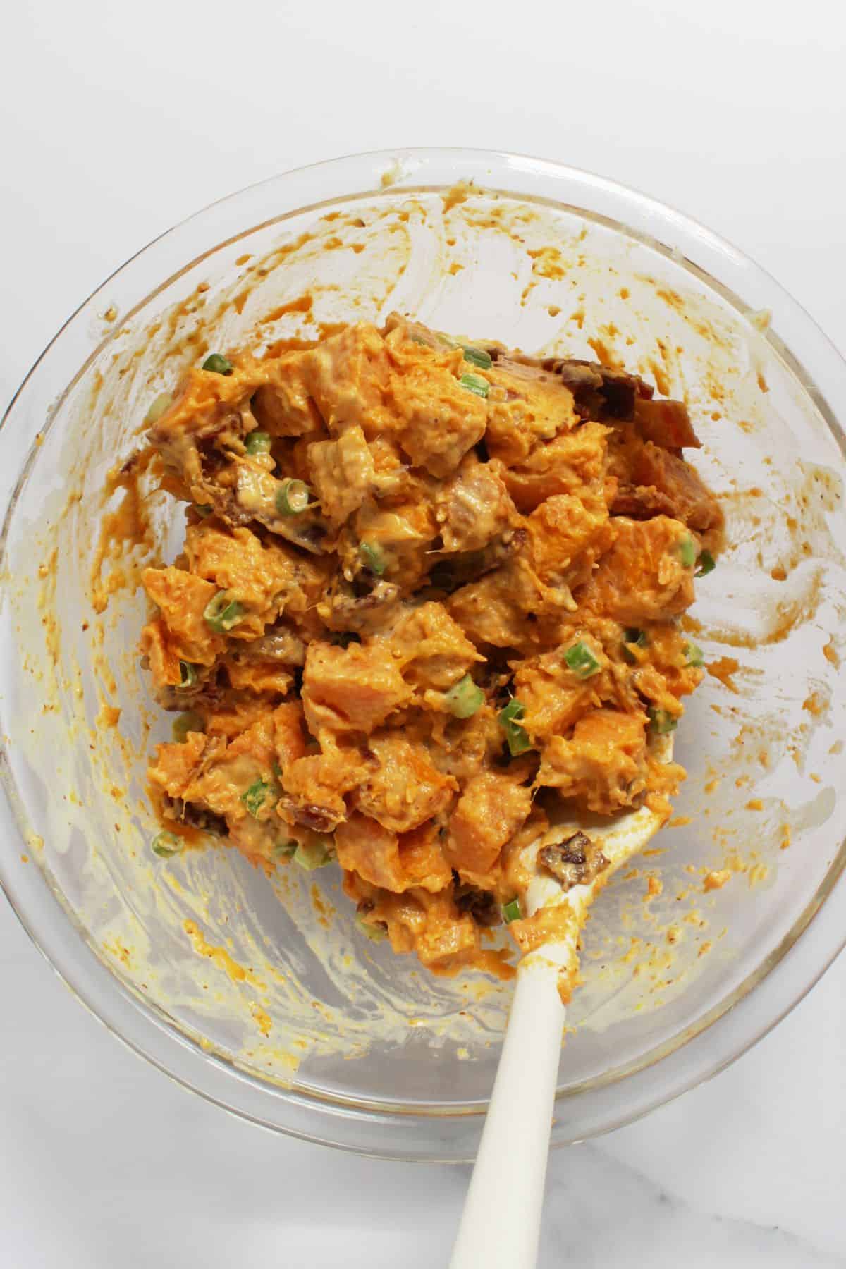 sweet potato salad with green onions stirred in.