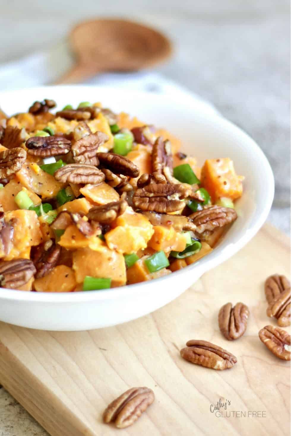 Creamy Sweet Potato Salad with Bacon and Pecans