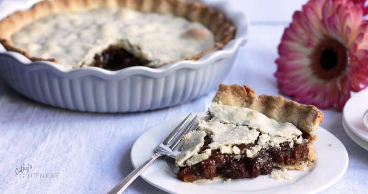 gluten free raisin pie plated for one, with fork