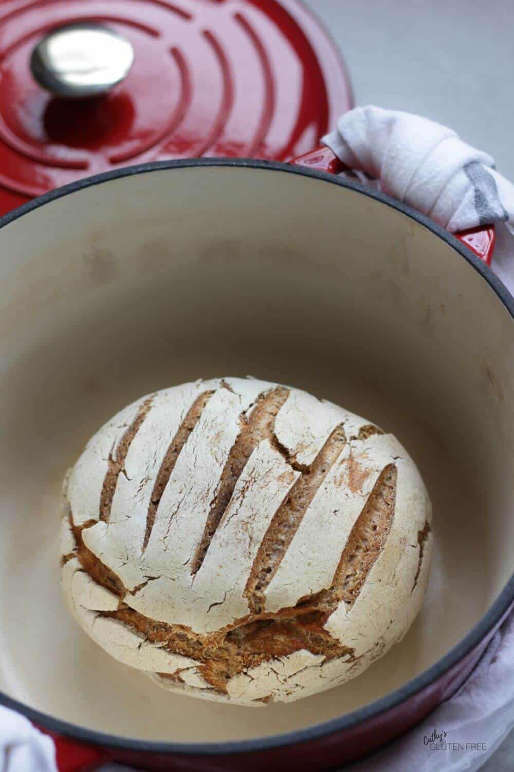 round loaf of crusty bread inside an enameled pot