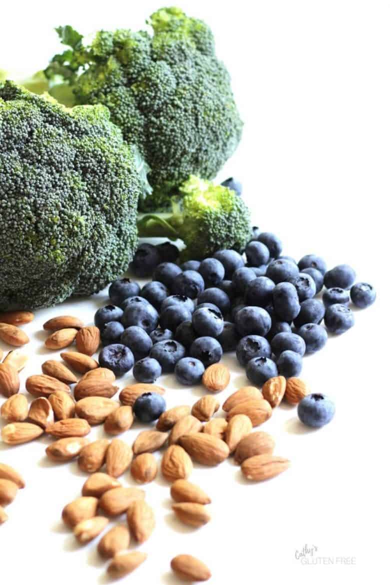 whole broccoli, blueberries, and almonds