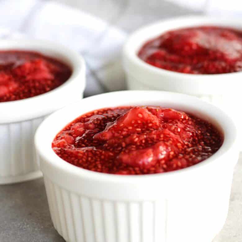 strawberry chia jam in white pots
