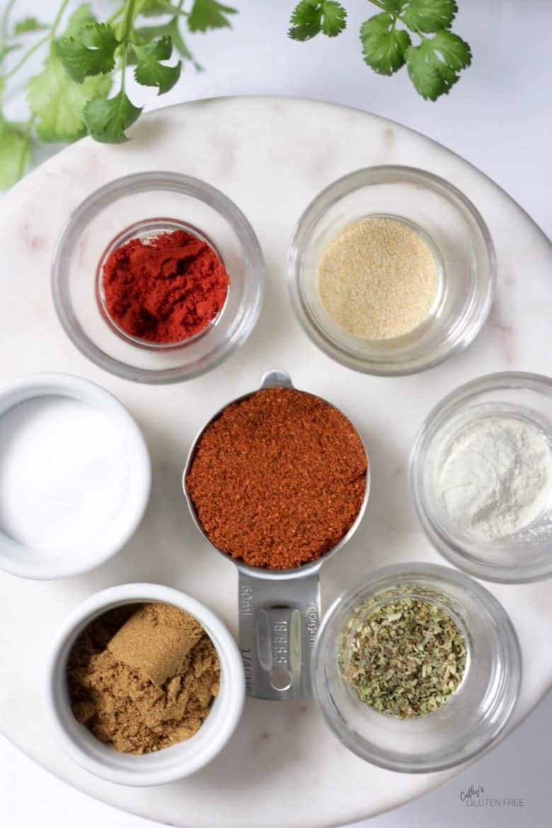 top down view of spices in small bowls