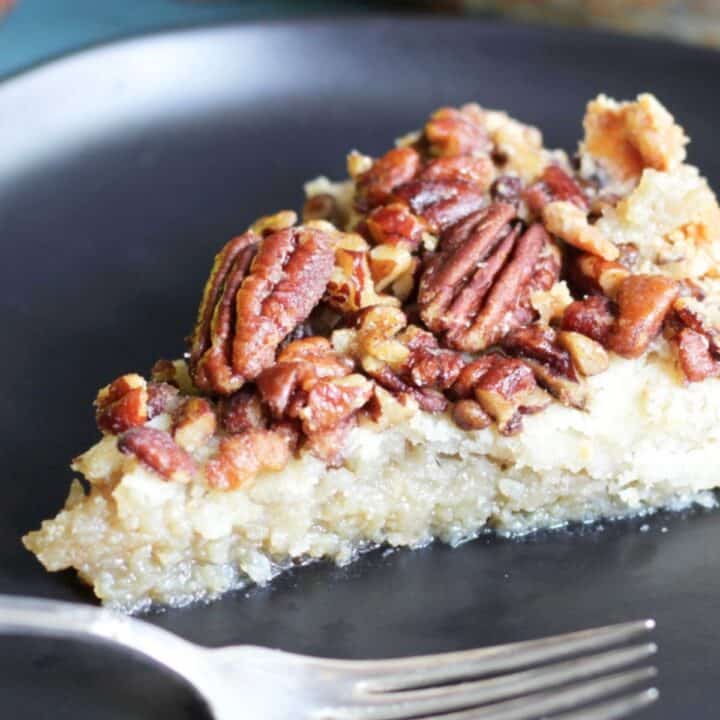 closeup of a slice of pecan pie