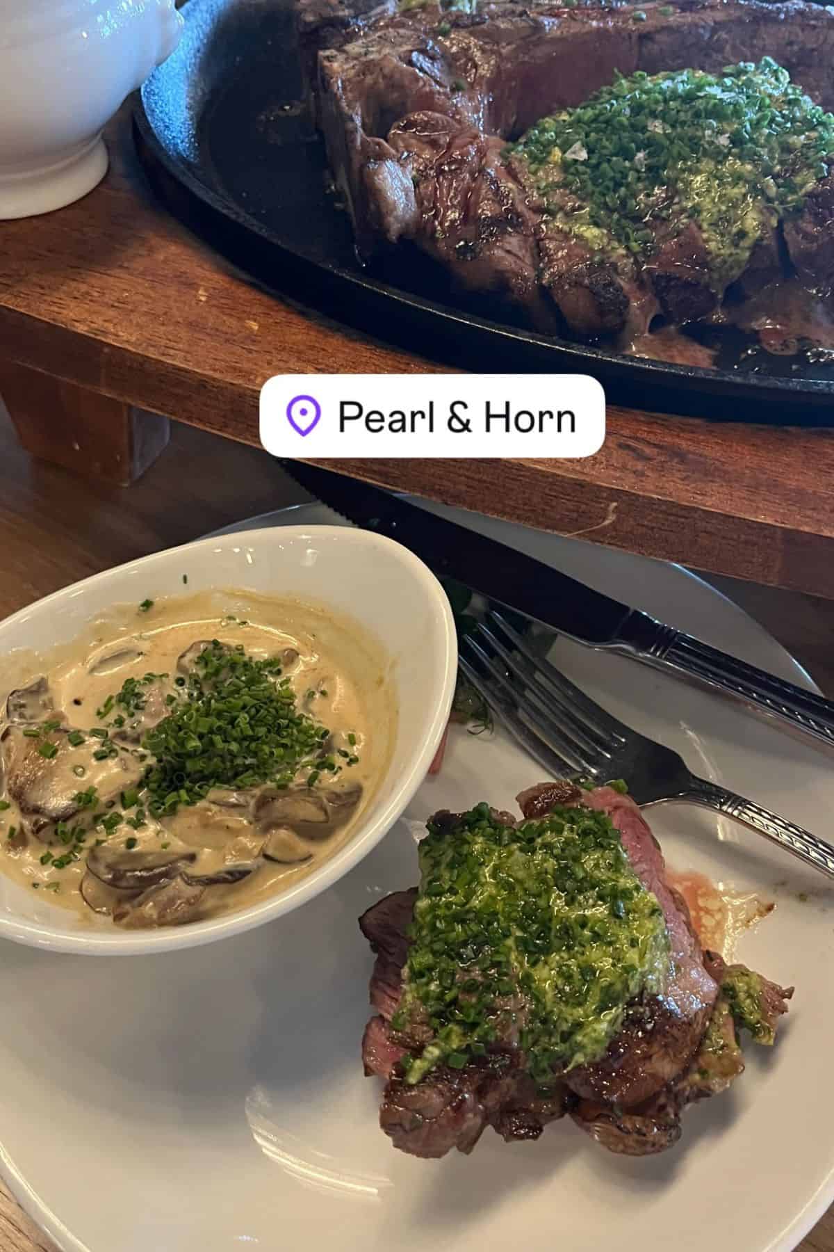 steak dinner with muchroom side.