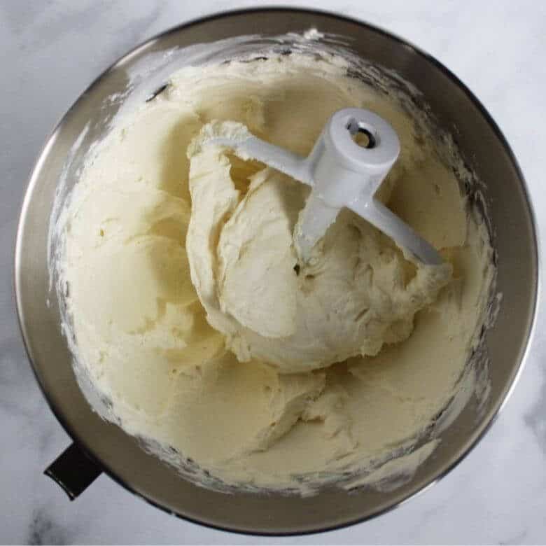 creamed cream cheese in mixer bowl