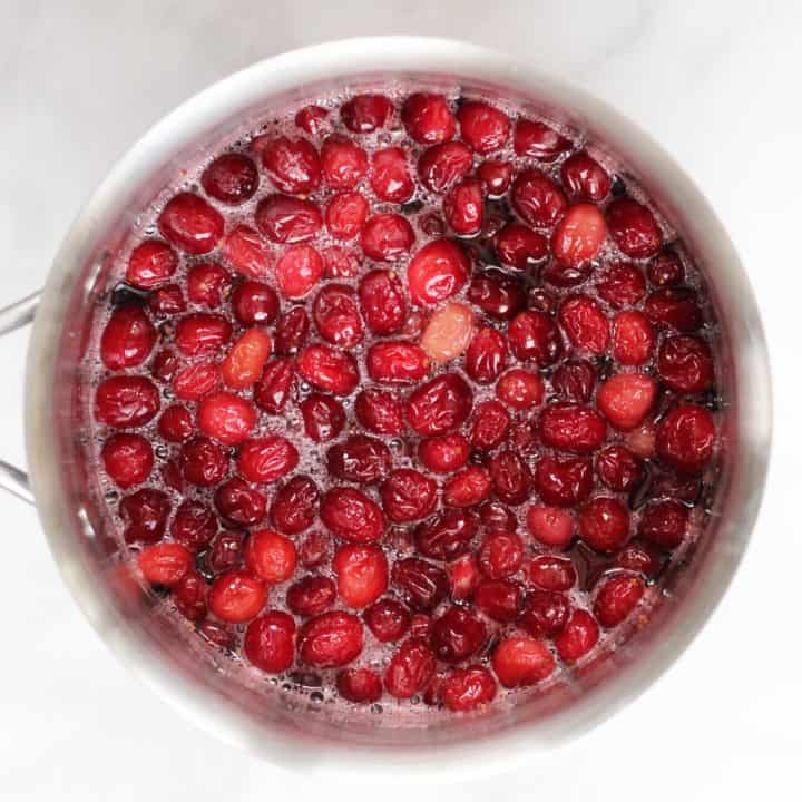 cooked cranberry sauce in saucepan