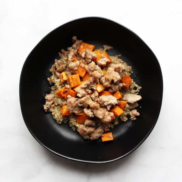 cooked bulk sausage with sweet potatoes on quinoa