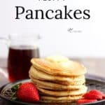stacked pancakes with text overlay