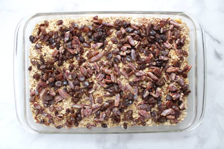 nuts and raisins scattered over casserole