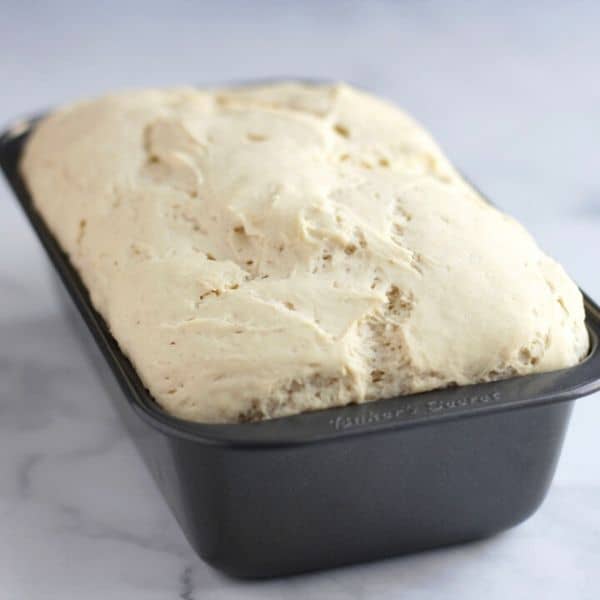 risen bread dough in metal loaf pan