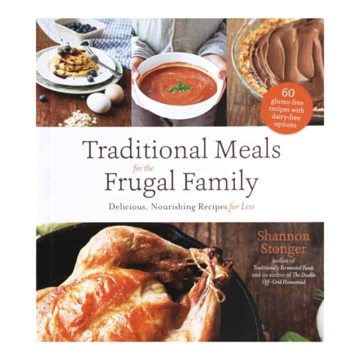 Traditional Meals for the Frugal Family cover with pancakes, soup, pie, and chicken