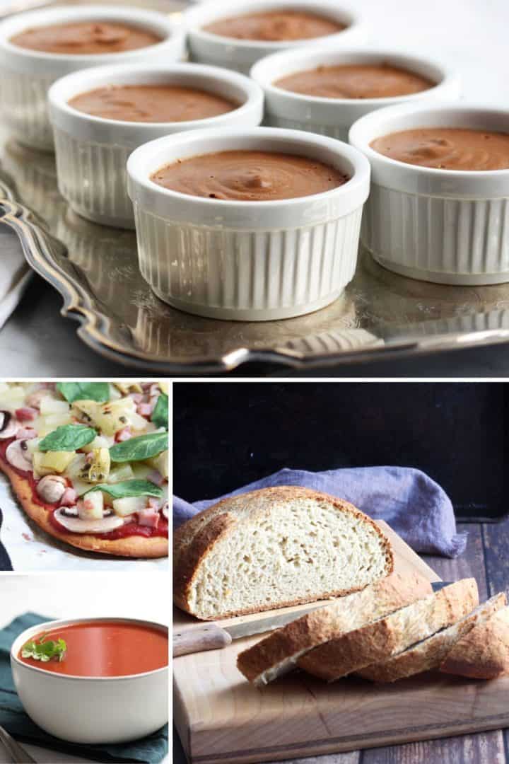 Collage of dairy free chocolate pudding, pizza, tomato soup, gluten free bread for frugal meals