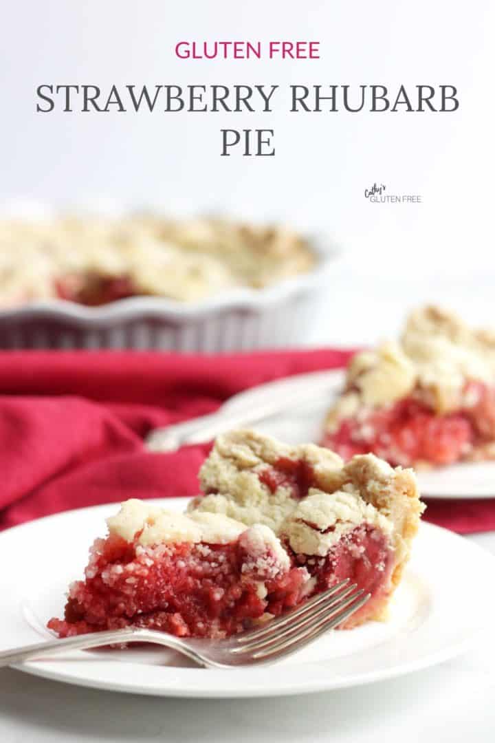 two pieces of gluten free strawberry rhubarb pie with remaining pie in background