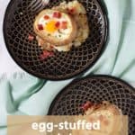 overhead view of egg-stuffed baked potatoes with text