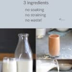collage of bottle and glass of oat milk, chocolate "milk", pouring milk, and text