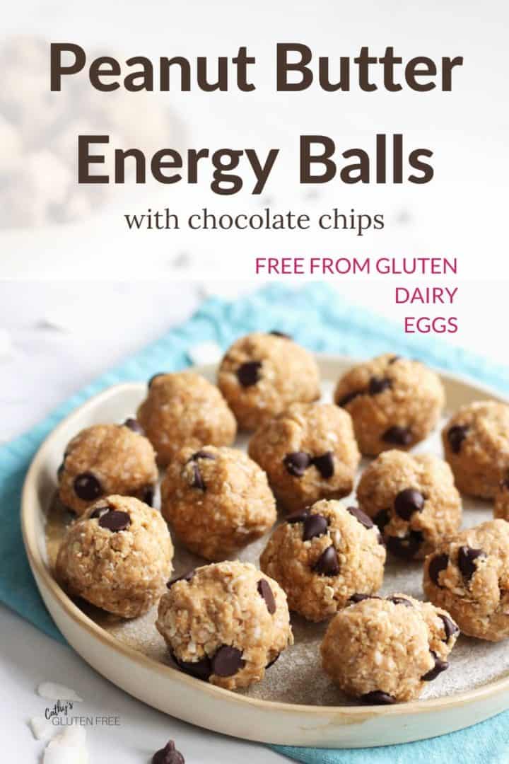 Pinterest text with photo of peanut butter energy balls with chocolate chips