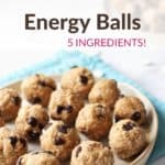 peanut butter balls with chocolate and text overlay with title