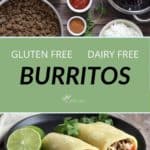 pinterest graphic with ingredients on top, text in centre, and finished burritos on bottom