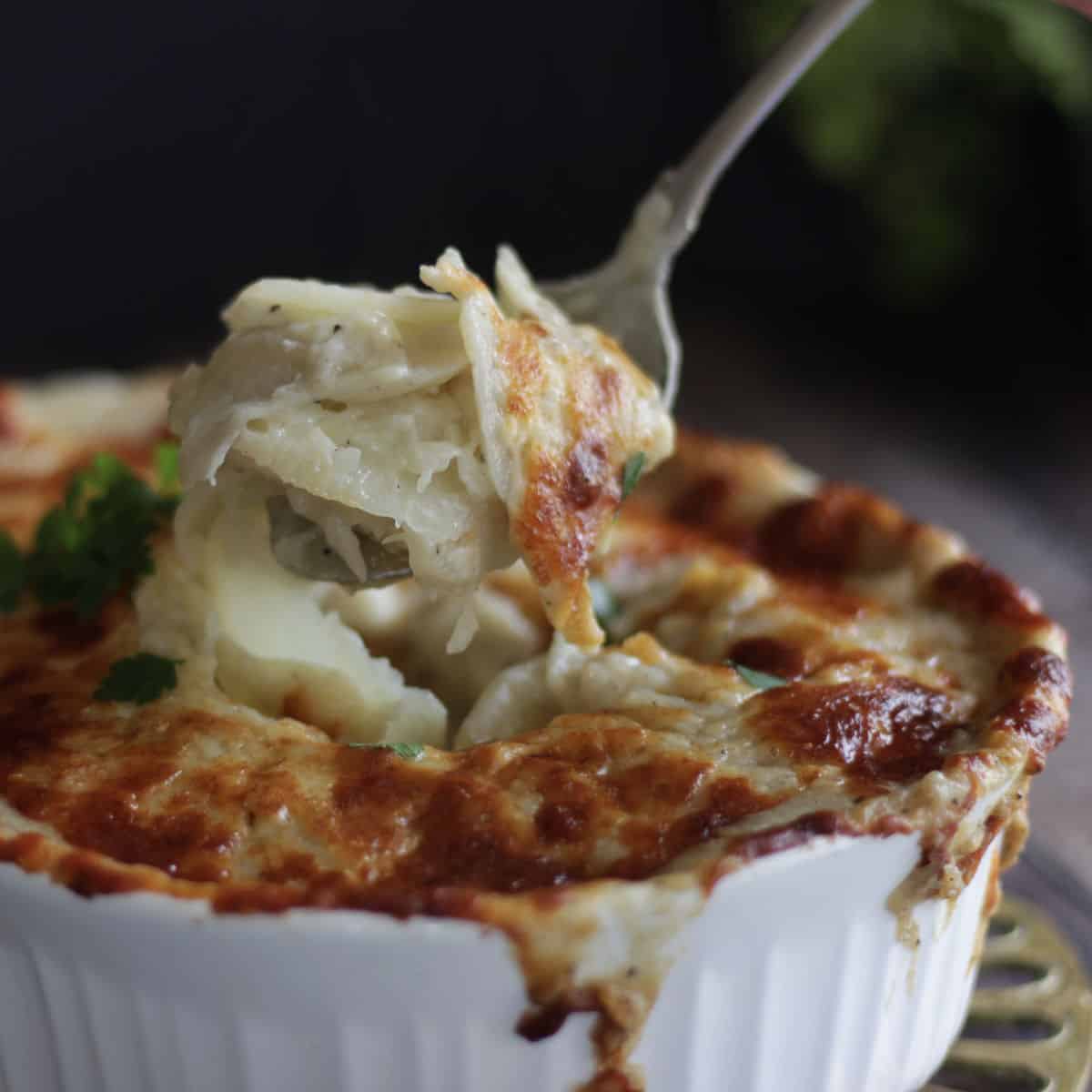 forkful of scalloped potatoes lifted above cheesy topping