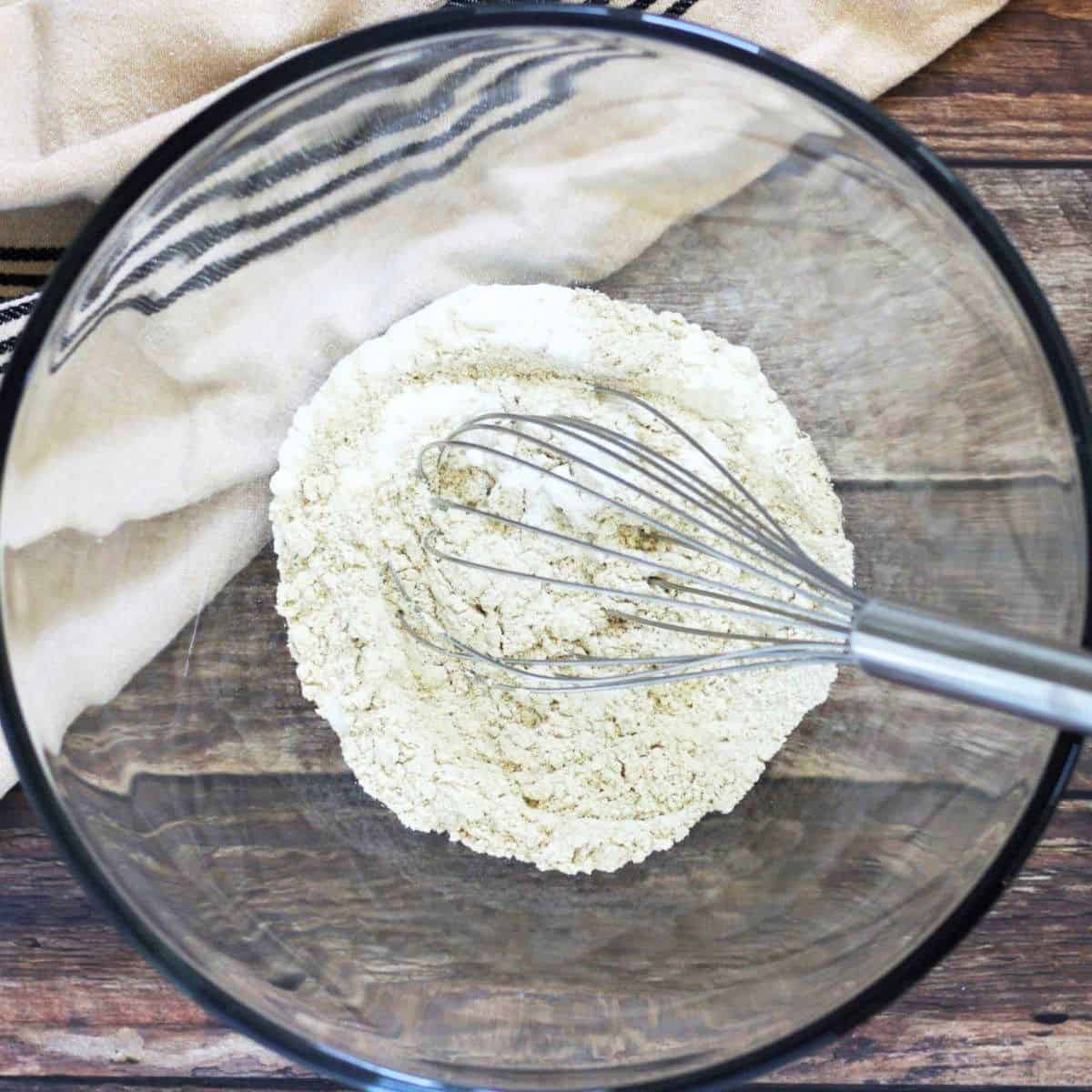 whisk in dry, flour mixture in glass bowl.