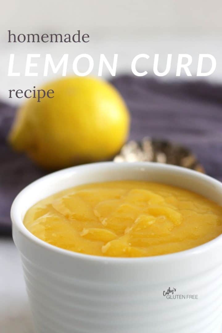 closeup of white bowl of lemon curd with title text