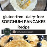 images of pancake batter and finished pancakes with Pinterest text.