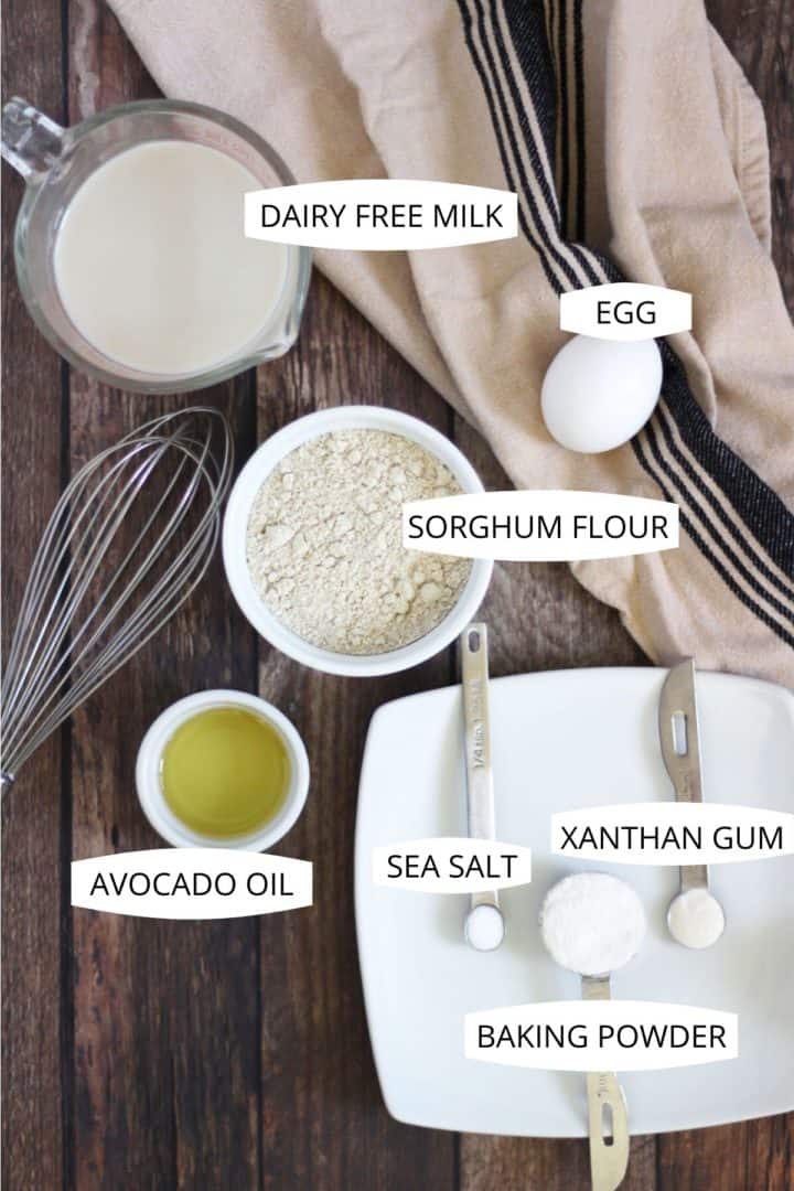 sorghum flour, egg, vanilla, oil, baking powder, salt, and xanthan gum set out in small bowls