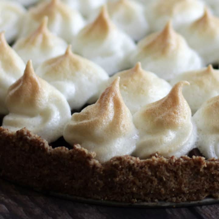 closeup of golden-tipped meringue peaks