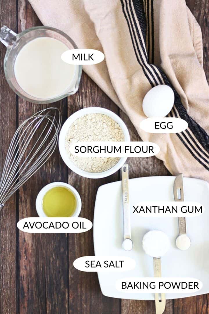 ingredients for sorghum pancakes, with labels.