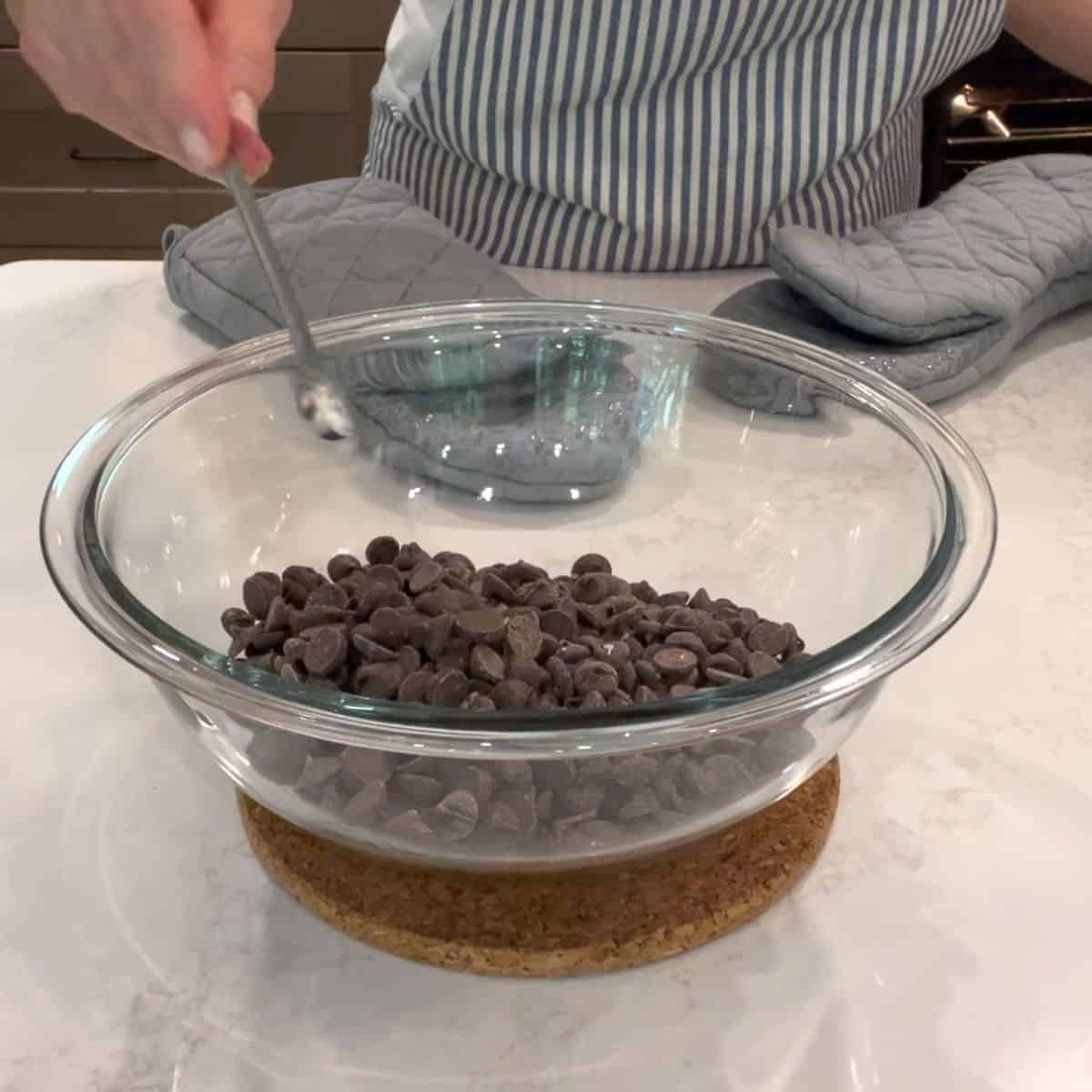 chocolate chips in pyrex bowl.