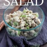 bowl of chicken salad with title text