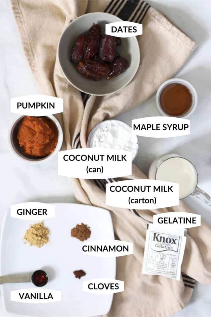 all of the ingredients for dairy free pumpkin ice cream in small bowls with labels