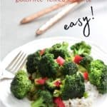 broccoli stir fry on white plate with Pinterest text