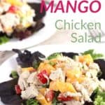 2 chicken salads plated on lettuce with large bowl in background