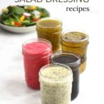 5 jars of salad dressing of various colours with lettuce salad in background plus title text