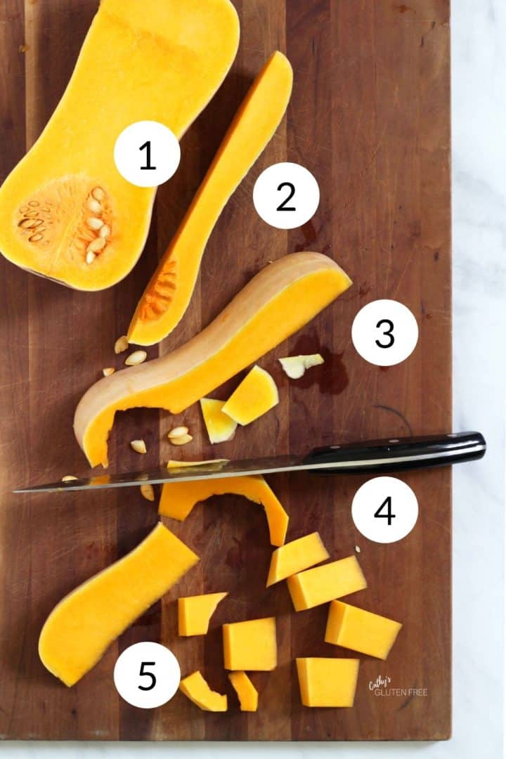 butternut squash cut open and spread out in various stages of peeling and chopping with a knife