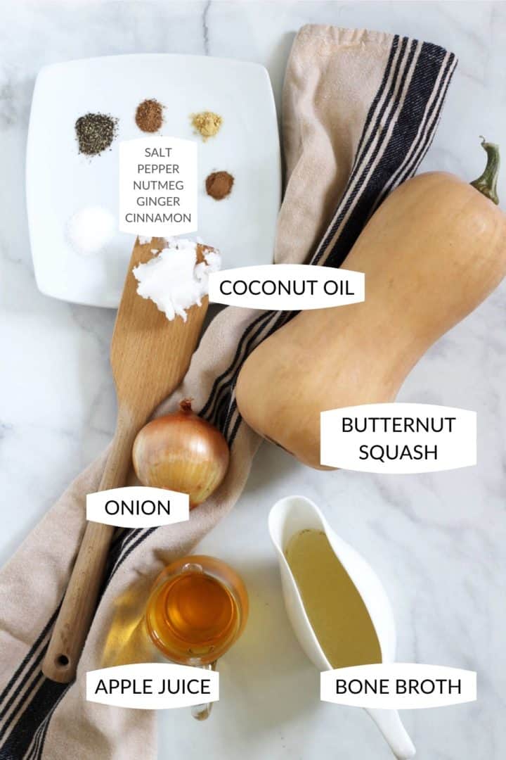 ingredients for butternut squash soup with apple laid out with labels